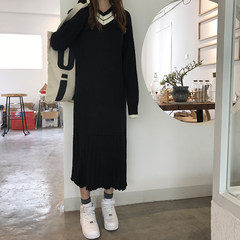 2017 fall fashion simple V collar sweater dress stitching loose thin long paragraph sweater dress F Black thickening