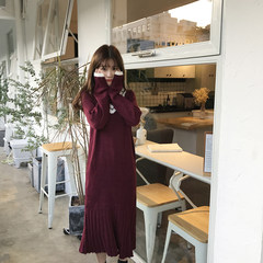 2017 fall fashion simple V collar sweater dress stitching loose thin long paragraph sweater dress F Claret