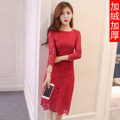 2017 autumn dress, new style of self-cultivation, buttocks backing skirt, women's autumn and winter long sleeves, long plush, thickening lace dress 2XL (also Frank free) Red (with cashmere thickening)