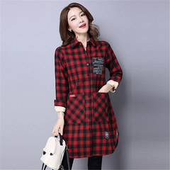 Long sleeved shirt with heavy thickening, long size plaid shirt, autumn and winter national style, slim, long coat coat 3XL red-checkered pattern