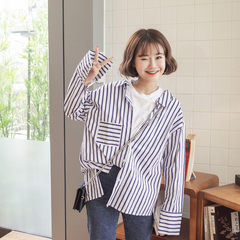 Autumn outfit women's wear 2017 new Korean version of loose, fake two pieces stitching Long Sleeve Striped Shirt, student casual shirt tide F The blue bar