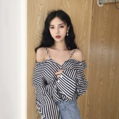 Hanfeng Chic striped collar sexy Strapless tops two sling long wear long sleeved in single breasted shirt BF F Picture color