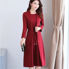 2017 false two knee dress autumn female middle-aged mother, slim long sleeved code base skirt XL [115 Jin below] Jujube red