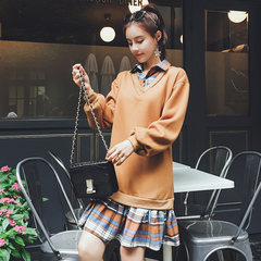 2017 autumn new women's wear false two sets loose loose middle length chic Wei dress autumn long sleeve shirt dress S Caramel color