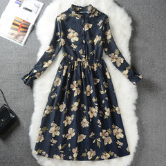 Autumn and winter clothing Sen retro thickened long sleeved corduroy floral dress in the long section of students printing backing skirt S Flower color 3