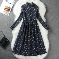 Autumn and winter clothing Sen retro thickened long sleeved corduroy floral dress in the long section of students printing backing skirt S Flower color 5