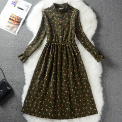 Autumn and winter clothing Sen retro thickened long sleeved corduroy floral dress in the long section of students printing backing skirt S Flower color 6