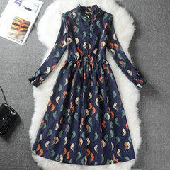 Autumn and winter clothing Sen retro thickened long sleeved corduroy floral dress in the long section of students printing backing skirt S Flower color 9