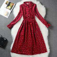 Autumn and winter clothing Sen retro thickened long sleeved corduroy floral dress in the long section of students printing backing skirt S Flower color 7