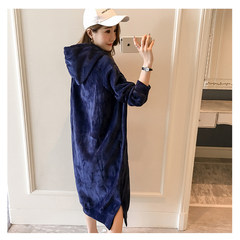 Autumn and winter double cashmere silk velvet velvet long thick Hoodie Korean female knee loose bottom dress M Navy Blue
