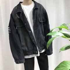 Fall Ulzzang Black Denim coat, male broken Korean version students loose oversize denim jacket M black