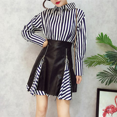 2017 autumn new female fashion Lapel shirt skirt waist leather skirt zipper two piece striped dress M stripe