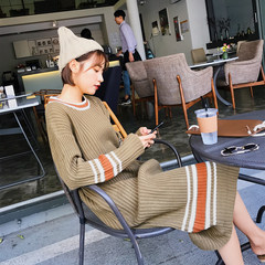 Knit dress autumn winter 2017 female Korean loose in the long section of the new long sleeved knee backing sweater dress F Olive yellow