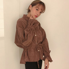 Autumn wind loose bat sleeve dress Korean BF sleeve corduroy shirt waist slim student blouse F Dark brown