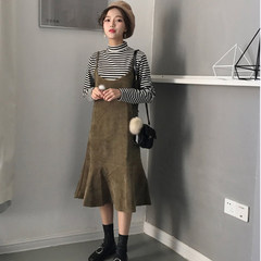 Autumn dress women's wear, small and refreshing in the long lotus leaf skirt, thin dress + striped T-shirt bottoming shirt F Green sling one-piece