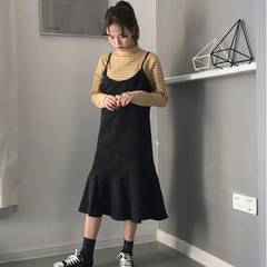 Autumn dress women's wear, small and refreshing in the long lotus leaf skirt, thin dress + striped T-shirt bottoming shirt F Black sling skirt piece