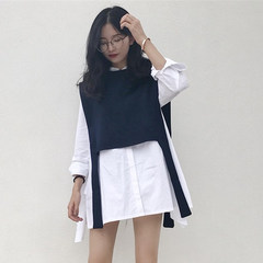 Autumn dress Korean BF loose side slit long sleeved shirts, casual shirt jacket + all-match vest two piece F Shirt + vest