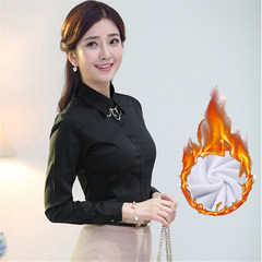 Winter warm white shirt, long sleeved women plus cashmere thickening plus cotton, professional attire Korean version of slim, work clothes bottoming 3XL black