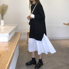 Fake two Hoodie long skirt 2017 Hitz Korean loose thin temperament stitching Ruffle Dress F black