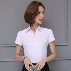 Autumn and winter white shirt, long sleeve career V collar, work clothes, twill suit, big code ol frock, cotton blouse 3XL Pink twill V collar short sleeve