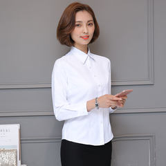 Summer and autumn white shirt, female professional work, long sleeved dress, self-cultivation V collar striped frock shirt, short sleeved women's clothing OL inch 3XL Twill Lapel with white sleeves.