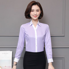 Autumn and winter white shirt, long sleeve career V collar, work clothes, twill suit, big code ol frock, cotton blouse 3XL M93 white purple stripes V collar long sleeved.