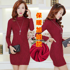 New style of autumn and winter plus Plush lace dress, big size women's long sleeves, women's length, waist and skirt 3XL Red wine with velvet collar []