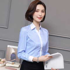 Autumn and winter white shirt, long sleeve career V collar, work clothes, twill suit, big code ol frock, cotton blouse 3XL M93 white collar Blue Striped V collar long sleeved.