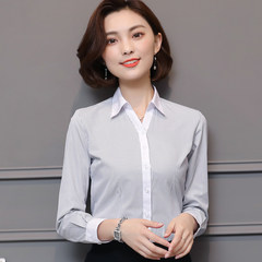 Autumn and winter white shirt, long sleeve career V collar, work clothes, twill suit, big code ol frock, cotton blouse 3XL M127 white collar Black Striped V neck long sleeve.