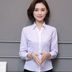 Autumn and winter white shirt, long sleeve career V collar, work clothes, twill suit, big code ol frock, cotton blouse 3XL M127 Lavender stripe V neck long sleeved * white collar