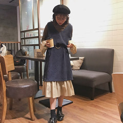 Autumn dress women's 2017 new Korean version, color matching, medium length long sleeve pleated base dress + corduroy vest F Blue Vest + Khaki drill
