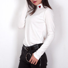 Autumn love ride turtleneck collar embroidery long sleeved T-shirt women slim slim pure Korean all-match shirt F white