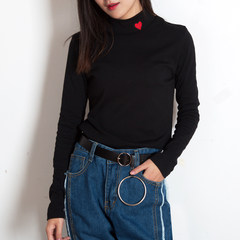 Autumn love ride turtleneck collar embroidery long sleeved T-shirt women slim slim pure Korean all-match shirt F black