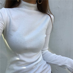 秋季纯色半高领紧身针织衫套头薄款修身打底衫百搭长袖T恤女上衣 均码 白色