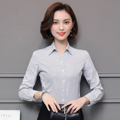 Summer and autumn white shirt, female professional work, long sleeved dress, self-cultivation V collar striped frock shirt, short sleeved women's clothing OL inch 3XL M126 black vertical stripe long sleeve.