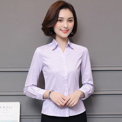 Summer and autumn white shirt, female professional work, long sleeved dress, self-cultivation V collar striped frock shirt, short sleeved women's clothing OL inch 3XL M126 purple long sleeved vertical stripes.