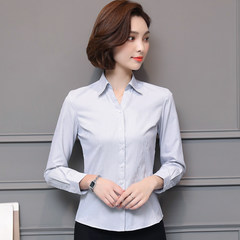 Summer and autumn white shirt, female professional work, long sleeved dress, self-cultivation V collar striped frock shirt, short sleeved women's clothing OL inch 3XL M92 fine black vertical stripes long sleeves.