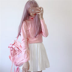 Autumn Korean women love all-match embroidery slim stripe semi turtleneck long sleeved T-shirt shirt jacket student F Pink