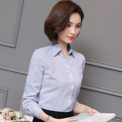 Summer and autumn white shirt, female professional work, long sleeved dress, self-cultivation V collar striped frock shirt, short sleeved women's clothing OL inch 3XL M126 blue vertical stripes with long sleeves.
