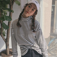Korean autumn ladies loose all-match elastic stripe T-shirt coat shirt sleeved turtleneck student based models F White stripe