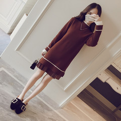 2017 new winter Korean thin all-match long sleeved knit dress girls long loose knit dress temperament F Light brown