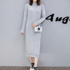 South Korea's 2017 new winter dress dress semi turtleneck sweater dress loose knit thickened long XL (thickening) 150 to 175 Jin Silver gray