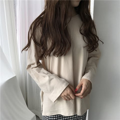 Korean women's all-match chic retro autumn loose BF simple student leisure long sleeved T-shirt jacket shirt F Apricot