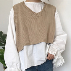 Autumn dress 2017 new Korean version loose sleeve, long sleeve white shirt, casual shirt + knitted vest F Apricot piece vest