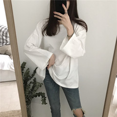 Bottoming shirt sleeved women Hong Kong style retro chic leisure simple thin sleeve head all-match loose T-shirt coat color F white