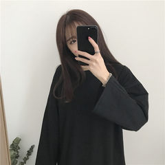 Bottoming shirt sleeved women Hong Kong style retro chic leisure simple thin sleeve head all-match loose T-shirt coat color F black