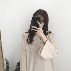 Bottoming shirt sleeved women Hong Kong style retro chic leisure simple thin sleeve head all-match loose T-shirt coat color F Apricot