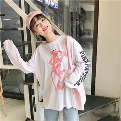 T-shirt, autumn dress, 2017 new version of Korean tide students loose BF wind Chic Pink Leopard long sleeved clothes M white