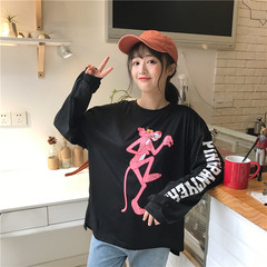 T-shirt, autumn dress, 2017 new version of Korean tide students loose BF wind Chic Pink Leopard long sleeved clothes M black