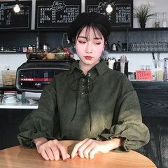 Lotus leaf lace shirt sleeve Lapel female long sleeve all-match Korean college wind loose shirt jacket autumn tide students F Army green